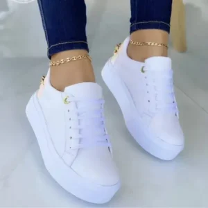 Doiljoi Women Fashion Round Toe Platform Lace Up Solid Color Sneakers