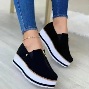 Doiljoi Women Fashion Retro Style Elastic Band Thick Sole Solid Color Mid-Slip Sneakers