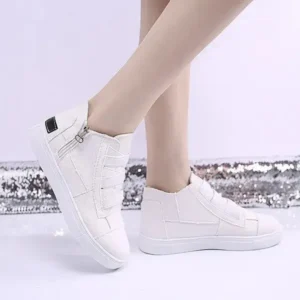 Doiljoi Women Fashion Round Toe Mid-Top Canvas Raw Edge Elastic Sneakers