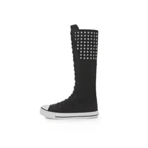 Doiljoi Women Fashion Rivet Decor Side Zipper Canvas High Boots