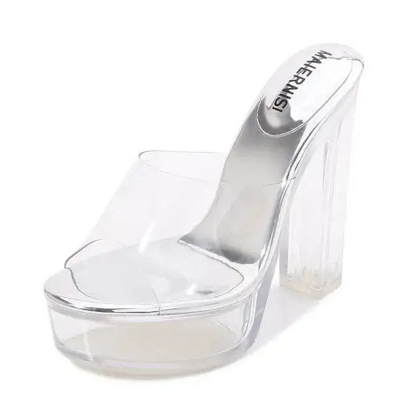 Doiljoi Women Fashion Plus Size Transparent Crystal Chunky Heel Platform High