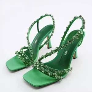 Doiljoi Women Fashion Plus Size Sexy Rhinestone Strap Square Toe Heeled Sandals