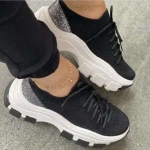 Doiljoi Wedge Heel Flying Woven Colorblock Lace-Up Sneakers Large Size Casual Low Top Women Shoes