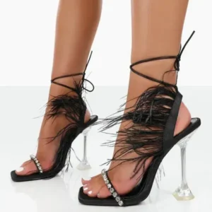 Doiljoi Women Fashion Sexy Rhinestone Feather Decorative Solid Color High Heel Sandals Shoes