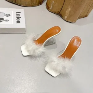 Doiljoi Women Fashion Sexy Feather Decoration Solid Color Chunky High Heel Slippers Shoes