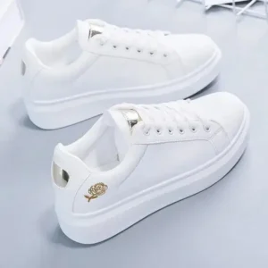 Doiljoi Women Casual Fashion Rose Embroidery Thick-Soled Comfortable PU Leather White Sneakers