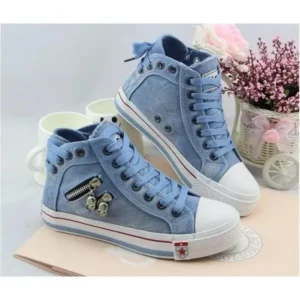 Doiljoi Women Casual Spring Zipper Decor Lace-Up High Top Denim Canvas Sneakers