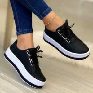 Doiljoi Women Casual Round Toe Lace-Up Block Color Platform Shoes PU Sneakers