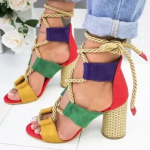 Doiljoi Women Fashion Sexy Cross Hollow Lace Up Design Color Blocking High Heel Sandals Shoes