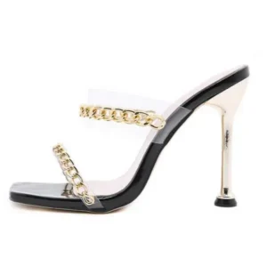 Doiljoi Women Sexy Plus Size Metal Chain Square-Toe High Heel Sandals