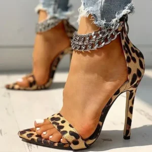 Doiljoi Women Sexy Metal Chain Buckle Ankle Strap Animal Printed High Heels