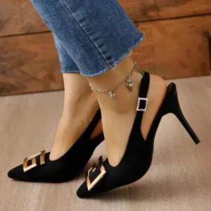 Doiljoi Summer Women Fashion Casual Plus Size Solid Color Pointed Toe Metal Buckle Sling Back High Heel Sandals