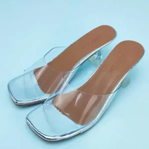 Doiljoi Women Fashion Casual Square Toe Transparent Design Mid Heel Slippers