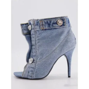 Doiljoi Women Fashion High Heel Denim Button High Top Boots