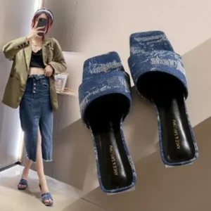 Doiljoi Women Fashion Casual PU Denim Square Toe Chunky Heel Slippers