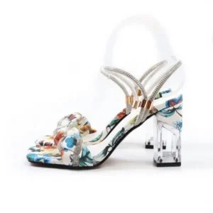 Doiljoi Women Fashion Sexy PU Rhinestone Floral Printed Square Toe Chunky Heel ?Sandals