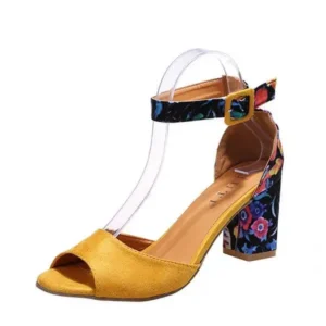 Doiljoi Women Fashion Sexy PU Floral Printed Peep Toe Chunky Heel Ankle Strap Buckle Sandals