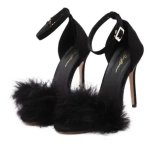 Doiljoi Women Fashion Sexy PU Solid Color Feather Peep Toe Stiletto Heel Ankle Strap Buckle Sandals