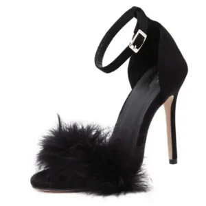 Doiljoi Women Fashion Sexy Solid Color Feather Peep Toe Stiletto Heel Ankle Strap Buckle Sandals