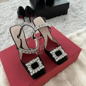 Doiljoi Women Fashion Elegant PU Square Toe Rhinestone Stiletto Heel Ankle Strap Buckle Sandals