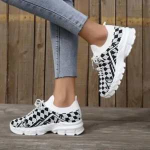 Doiljoi Summer Women Fashion Casual Geometric Print Fly-Woven Lace-Up Sneakers