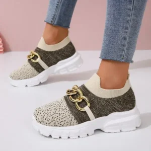 Doiljoi Women Fashion Color Block Metal Chain Thick-Soled Breathable Fly-Woven Sneakers