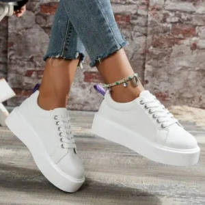 Doiljoi Women Fashion Solid Color Round-Toe Lace-Up Thick-Soled Sneakers