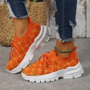 Doiljoi Women Fashion Plus Size Casual Flying Woven Lace-Up Round Toe Sneakers