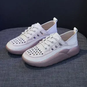 Doiljoi Women Fashion Casual Solid Color PU Lace-Up Hollow Breathable Sneakers