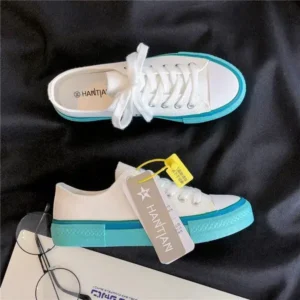 Doiljoi Women Fashion Cream Blue Canvas Lace-Up Sneakers