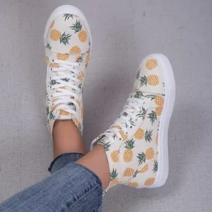 Doiljoi Women Fashion Round Toe Lace-Up Pineapple Strawberry Flat Sneakers