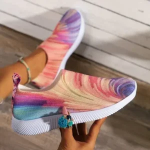 Doiljoi Women Fashion Round Multicolor Gradient Rainbow Mesh Sneakers