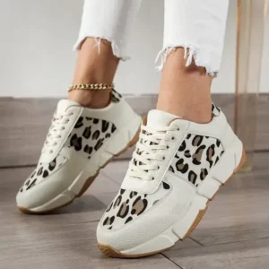 Doiljoi Women Fashion Round Toe Stitching Lace Up Low Top Leopard Sports Sneakers